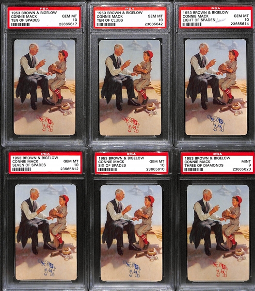 (6) 1953 Brown & Bigelow Connie Mack Playing Cards - Issued by Philadelphia A's Organization - All PSA 10 Gem Mint