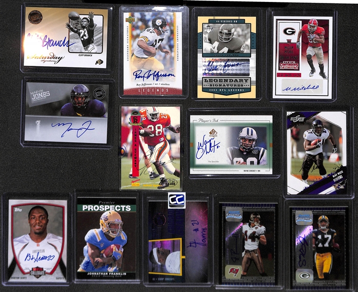 Lot of Over 45 Certified Football Autograph Cards w/ Cliff Branch, Roy Jefferson, Chuck Foreman, Malcom Mitchell, Marvin Jones