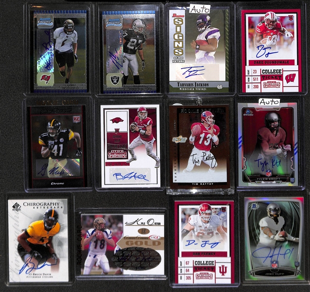 Lot of Over 45 Certified Football Autograph Cards w/ Cliff Branch, Roy Jefferson, Chuck Foreman, Malcom Mitchell, Marvin Jones