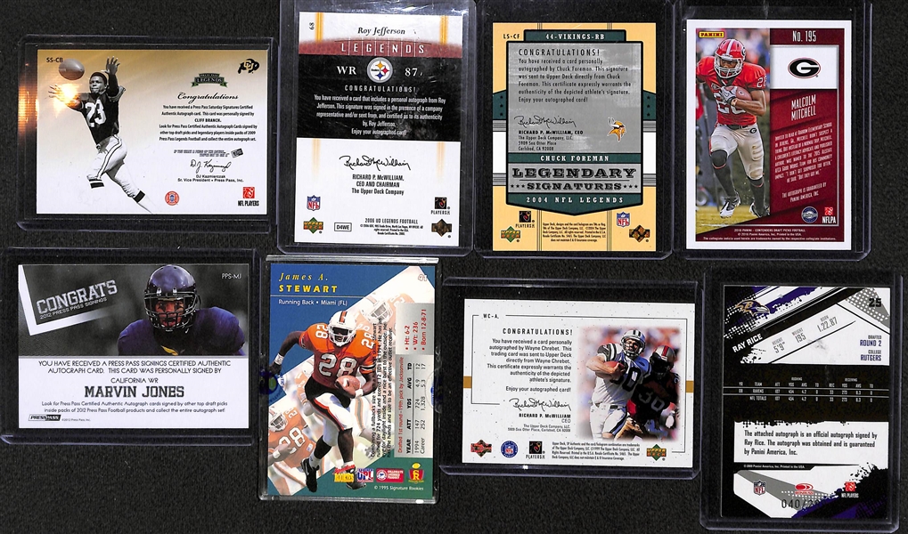 Lot of Over 45 Certified Football Autograph Cards w/ Cliff Branch, Roy Jefferson, Chuck Foreman, Malcom Mitchell, Marvin Jones