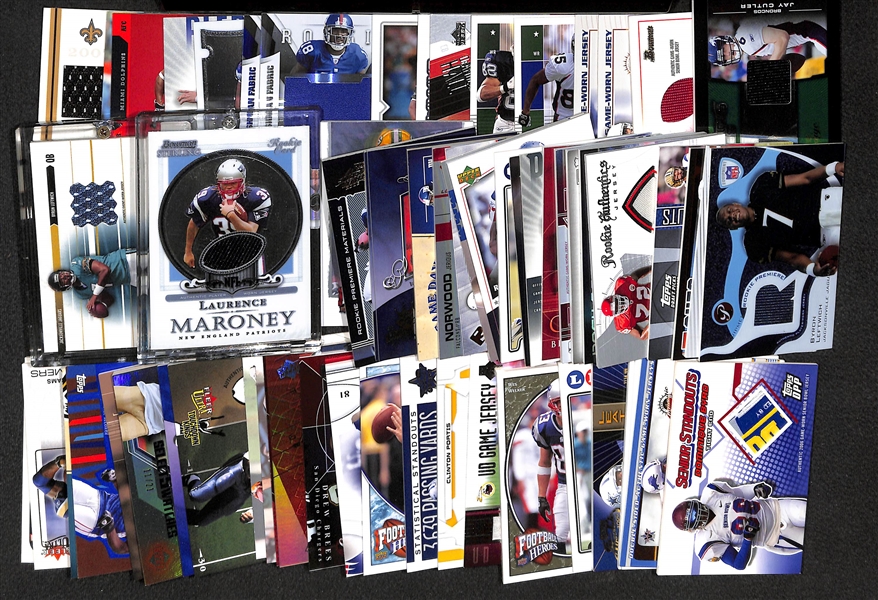 Lot of 70 Certified Football Relic Cards (Mostly Game-Worn Jersey Cards) w/ Brees, Flacco, Moss, Holt, ...