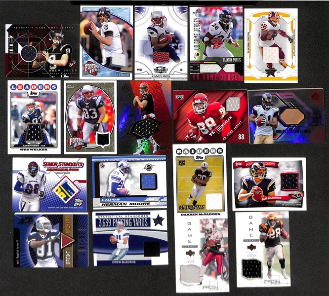 Lot of 70 Certified Football Relic Cards (Mostly Game-Worn Jersey Cards) w/ Brees, Flacco, Moss, Holt, ...