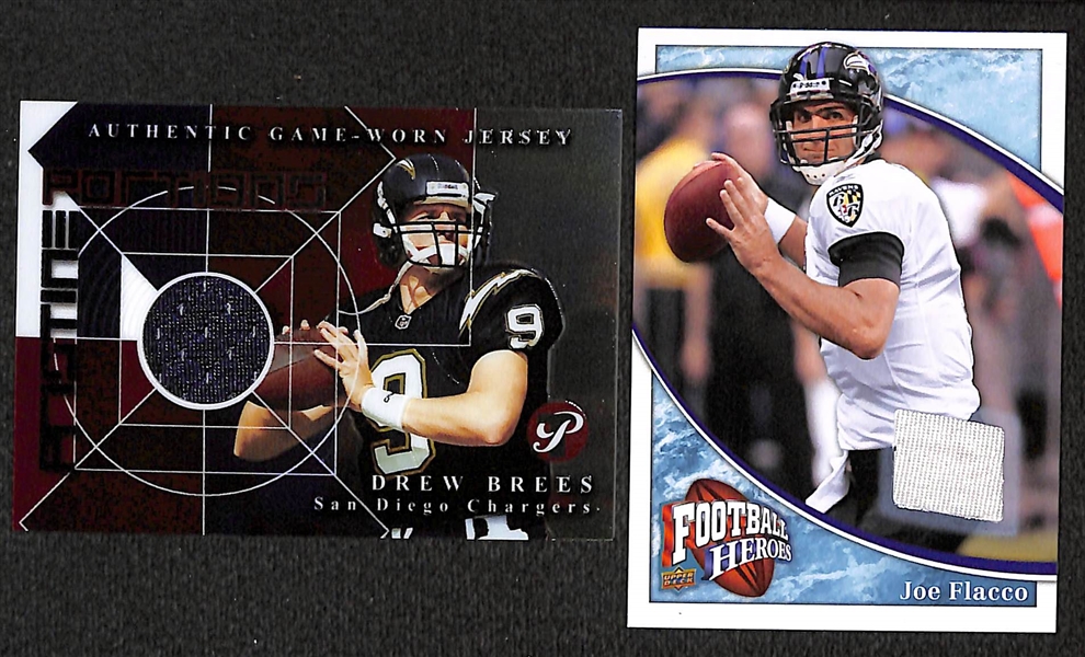 Lot of 70 Certified Football Relic Cards (Mostly Game-Worn Jersey Cards) w/ Brees, Flacco, Moss, Holt, ...