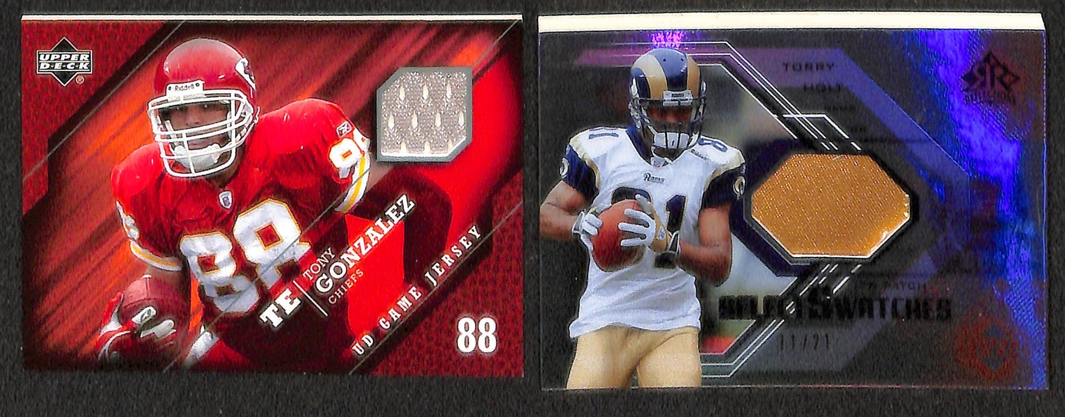 Lot of 70 Certified Football Relic Cards (Mostly Game-Worn Jersey Cards) w/ Brees, Flacco, Moss, Holt, ...