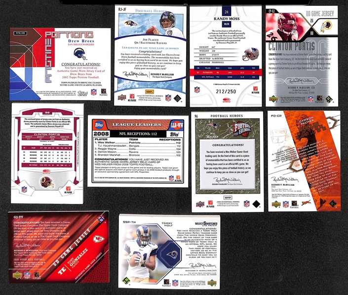 Lot of 70 Certified Football Relic Cards (Mostly Game-Worn Jersey Cards) w/ Brees, Flacco, Moss, Holt, ...