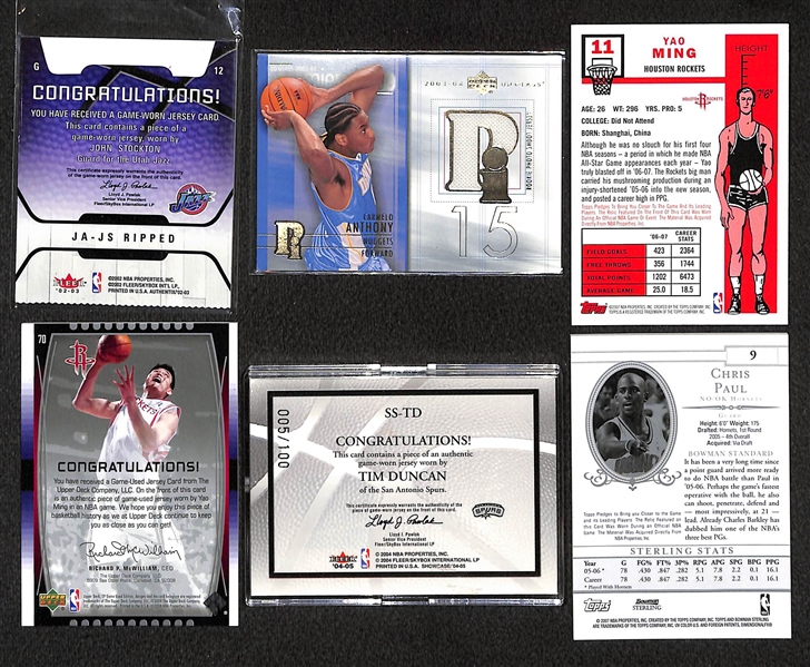Lot of 90 Certified Basketball Relic Cards (Mostly Game-Worn Jersey Cards) w/ Stockton, C. Anthony, C. Paul, Ming, Duncan, Pierce