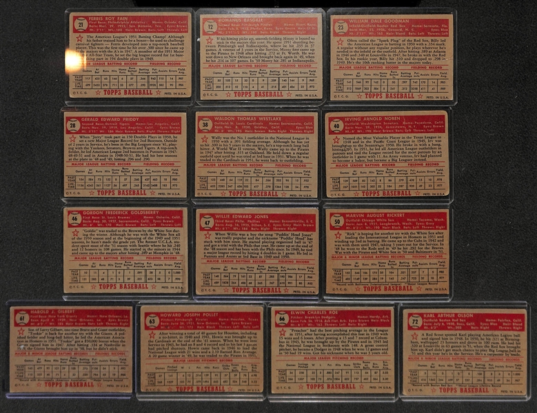 Lot of 13 - 1952 Topps Baseball Cards w. Ferris Fain