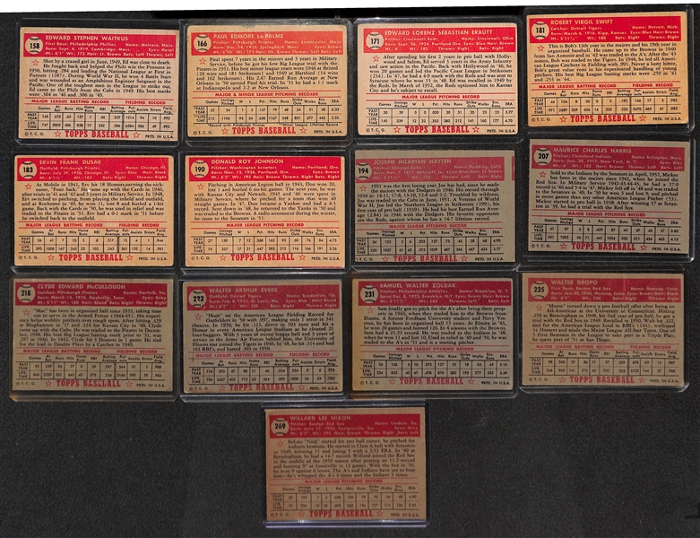Lot of 13 - 1952 Topps Baseball Cards w. Eddie Waitkus