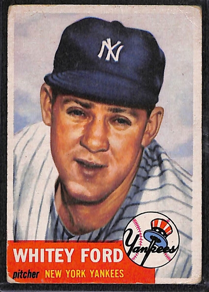 1953 and 1956 Topps Whitey Ford, 1953 Bowman Rizzuto/Martin, and 1955 Bowman Rizzuto