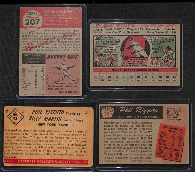 1953 and 1956 Topps Whitey Ford, 1953 Bowman Rizzuto/Martin, and 1955 Bowman Rizzuto