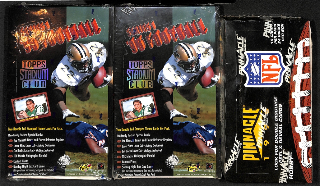 Lot of (5) 1996 Sealed Football Wax Boxes - Pinnacle, Topps Stadium Club, Skybox Impact
