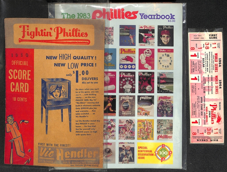Lot of 3 Phillies Memorabilia Pieces - 1950 Score Card, 1983 Year Book, 1964 Unused WS Ticket