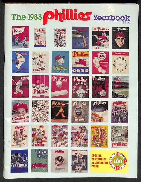 Lot of 3 Phillies Memorabilia Pieces - 1950 Score Card, 1983 Year Book, 1964 Unused WS Ticket