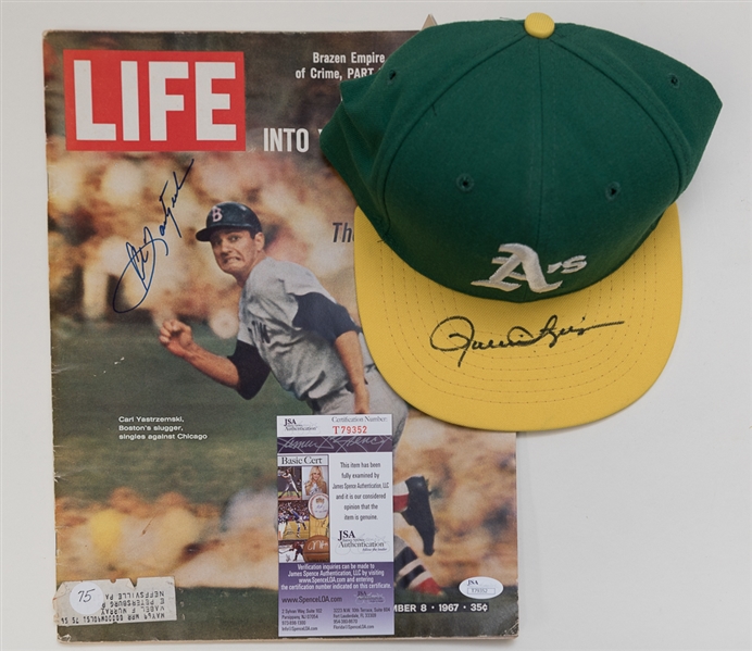 Rollie Fingers Signed A's Hat (JSA COA) and 1967 Carl Yastrzemski Signed Magazine (JSA COA)