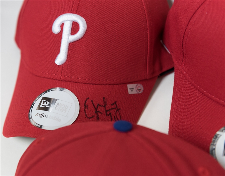 Lot of 7 Signed Phillies Player/Coach Hats (All MLB Certified) - with Wally Joyner and Erik Kratz