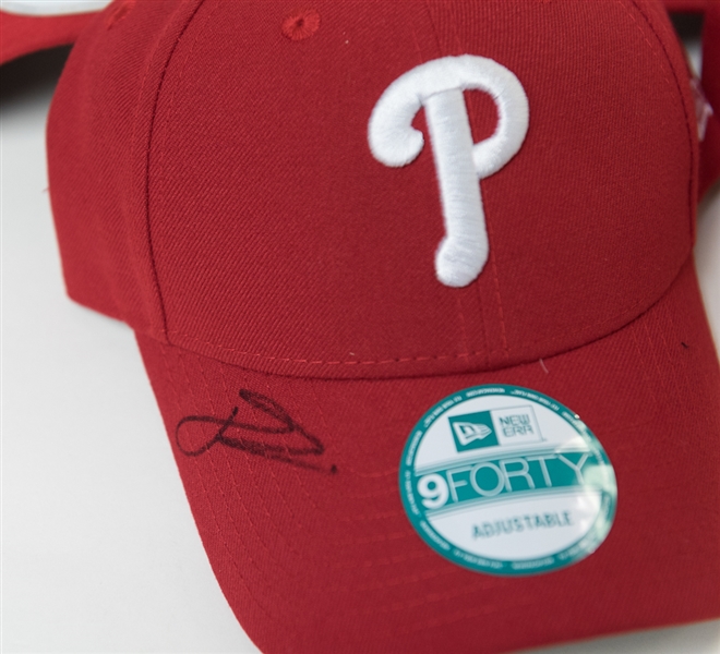 Lot of 7 Signed Phillies Player/Coach Hats (All MLB Certified) - with Wally Joyner and Erik Kratz
