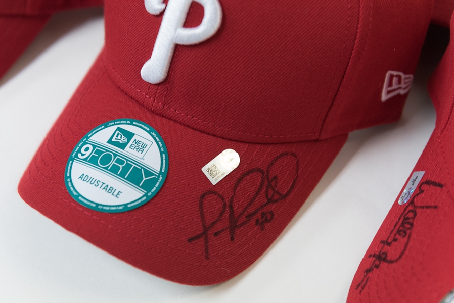 Lot of 7 Signed Phillies Player/Coach Hats (All MLB Certified) - with Wally Joyner and Erik Kratz