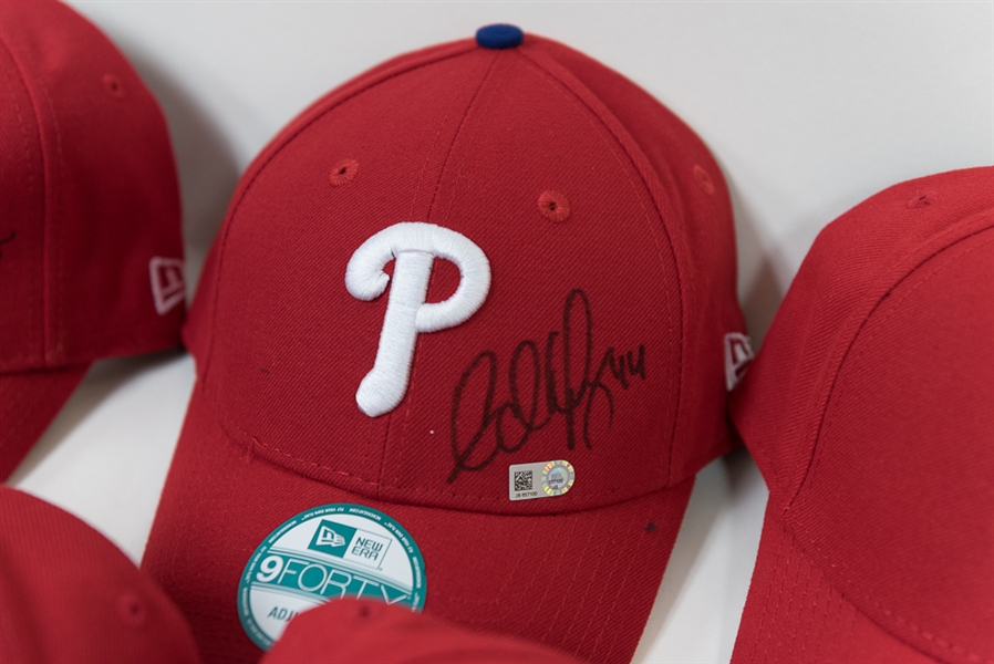 Lot of 7 Signed Phillies Player/Coach Hats (All MLB Certified) - with Wally Joyner and Erik Kratz