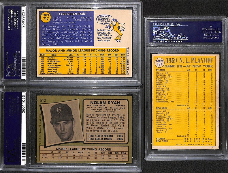 3-Card Nolan Ryan 1970 & 1971 Graded Topps Lot: 1970 (#712 Hi #) PSA 5; 1970 (#513) PSA 6 ; 1970 (#197) PSA 5 