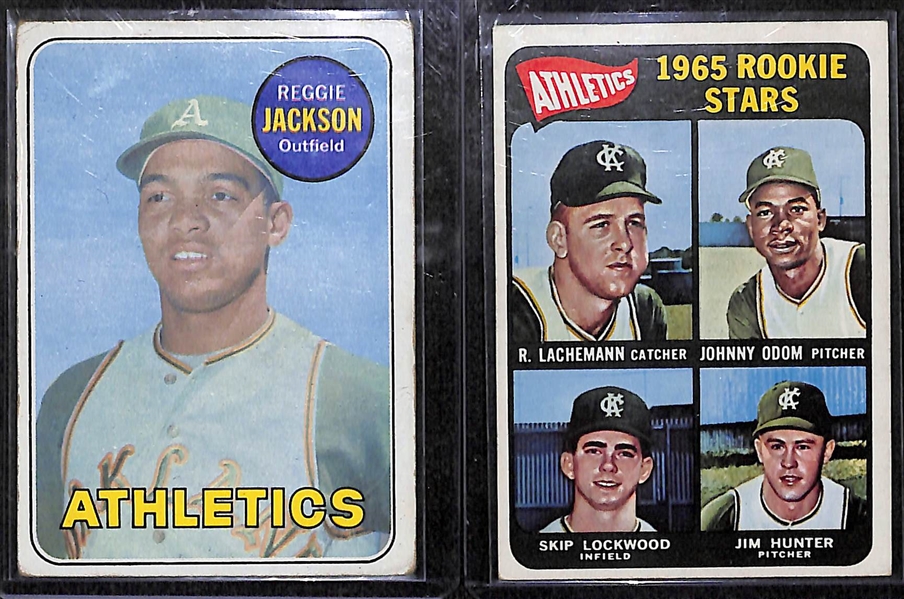 Rookie Cards of HOFers Reggie Jackson (1969 Topps) and Jim Catfish Hunter (1965 Topps)