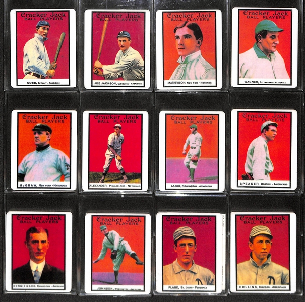 12-Card HOF Porcelain Reproduction 1914 Cracker Jack Set From 1996 (w/COAs) - Cobb, Mathewson, Wagner, Johnson, +