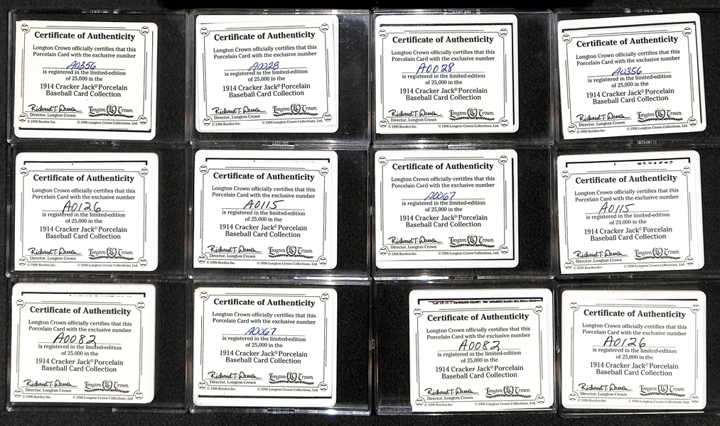 12-Card HOF Porcelain Reproduction 1914 Cracker Jack Set From 1996 (w/COAs) - Cobb, Mathewson, Wagner, Johnson, +