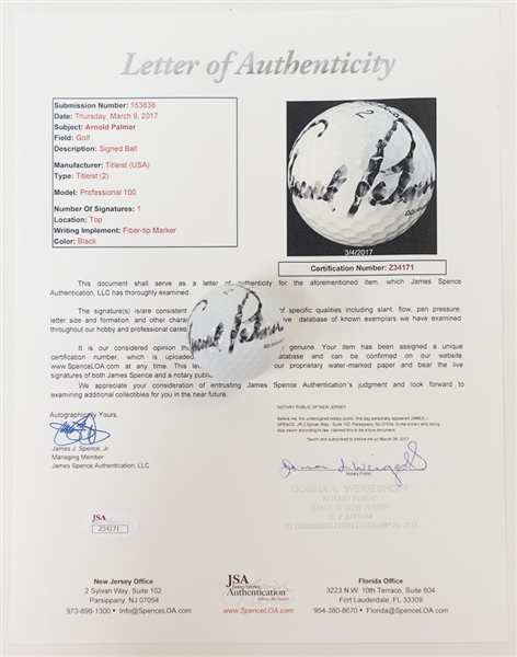 Arnold Palmer Signed Golf Ball - JSA Letter of Authenticity