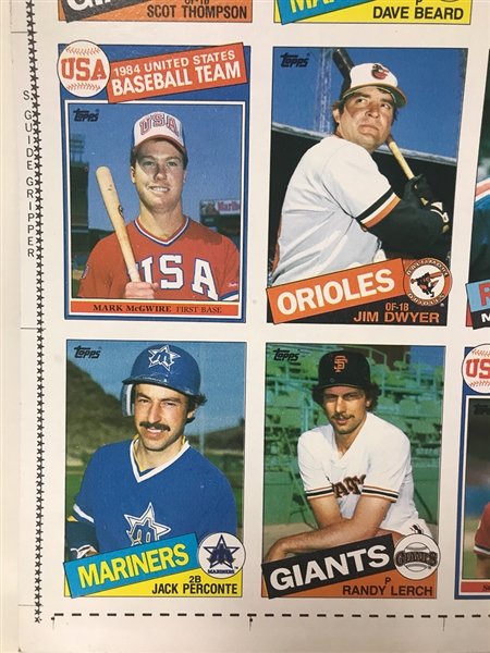 1985 Topps Uncut Sheet w. Mark McGwire Rookie Card