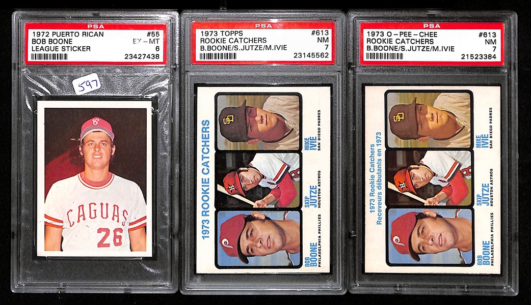 1972 and 1973 Bob Boone Rookie Lot (RARE 1972 Puerto Rico Sticker, 1973 OPC, and 1973 Topps)