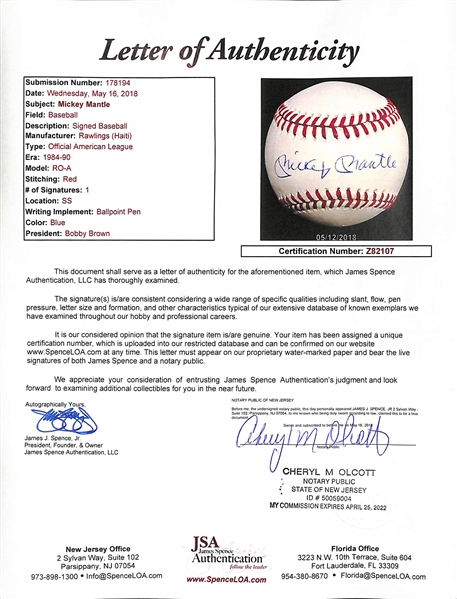 Mickey Mantle Signed American League Baseball - JSA LOA