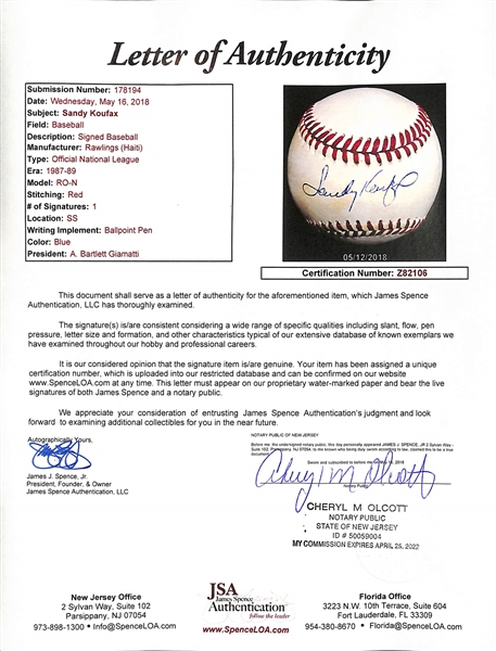 Sandy Koufax Signed National League Baseball - JSA LOA