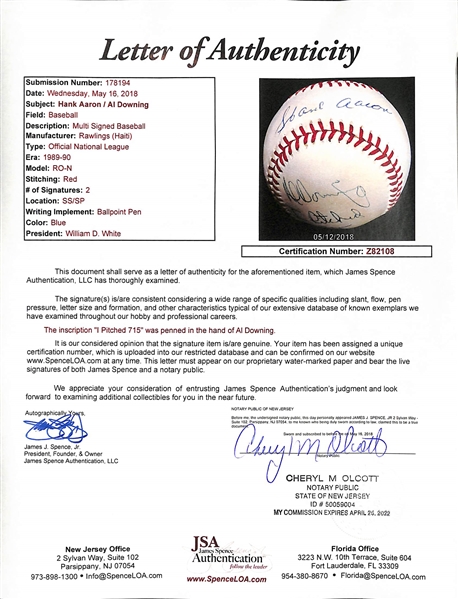 Hank Aaron & Al Downing Signed 715 Home Run Ball - JSA