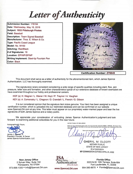 1933 Pirates Team Signed Baseball w/ 5 HOFers - Honus Wagner, Lloyd Waner, Pie Traynor, Waite Hoyt, Arky Vaughan Autographs! - JSA LOA
