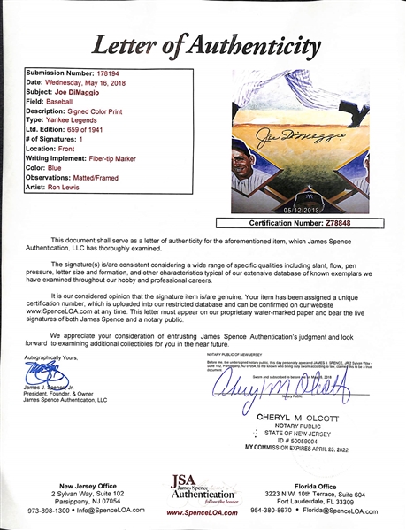 Joe DiMaggio Signed Framed Lithograph - JSA COA