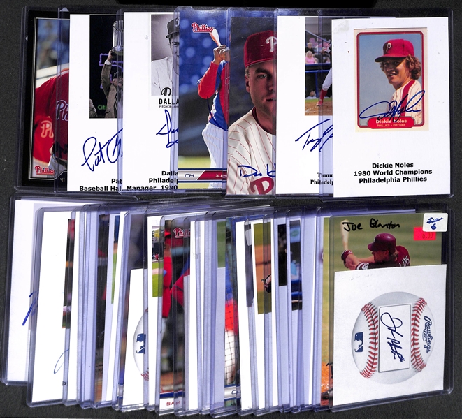 Lot of 35 Phillies Autograph 4 x 6 Photo Cards & Cuts w. Manuel, Gillick (HOF), Dallas Green, Samuel, Hollins, Tommy Joseph, more!
