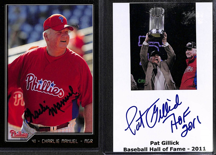Lot of 35 Phillies Autograph 4 x 6 Photo Cards & Cuts w. Manuel, Gillick (HOF), Dallas Green, Samuel, Hollins, Tommy Joseph, more!