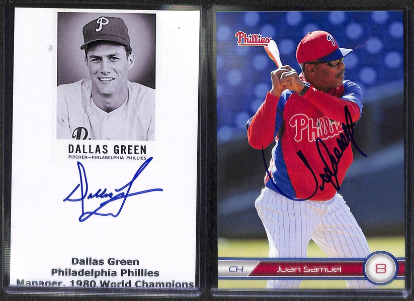 Lot of 35 Phillies Autograph 4 x 6 Photo Cards & Cuts w. Manuel, Gillick (HOF), Dallas Green, Samuel, Hollins, Tommy Joseph, more!