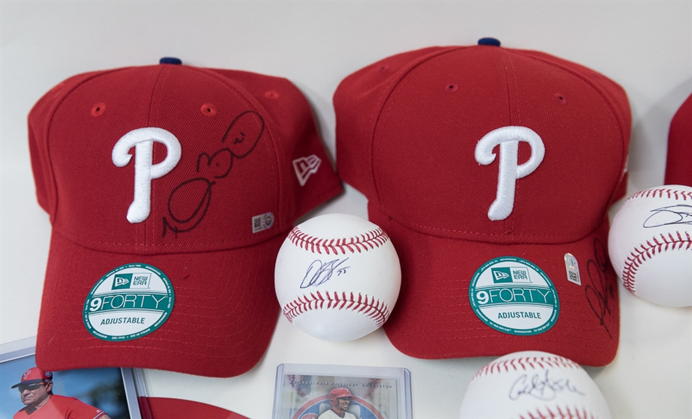 HUGE Lot of Phillies Autographs (3 Hats, 1 Card, 3 Basballs, 1 Magnet, 1 Magazine, 3 Postcard 4x6 Cards, 17 Magazine Photos) and Magazines.  Autographs include JP Crawford, Aaron Altherr, Jerad...