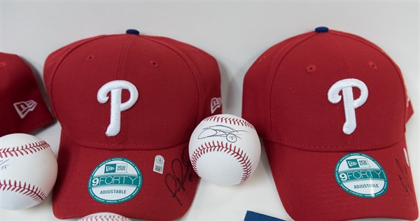 HUGE Lot of Phillies Autographs (3 Hats, 1 Card, 3 Basballs, 1 Magnet, 1 Magazine, 3 Postcard 4x6 Cards, 17 Magazine Photos) and Magazines.  Autographs include JP Crawford, Aaron Altherr, Jerad...