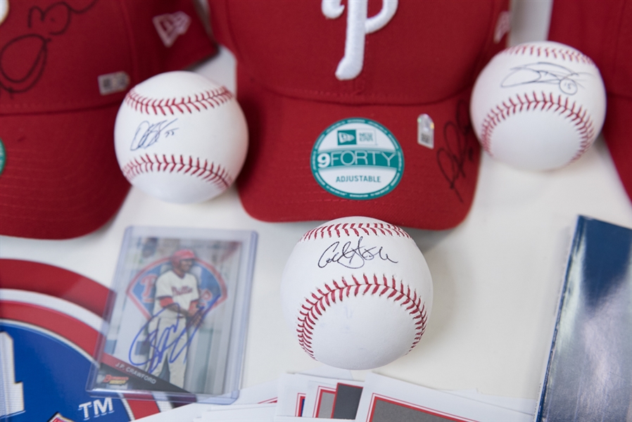 HUGE Lot of Phillies Autographs (3 Hats, 1 Card, 3 Basballs, 1 Magnet, 1 Magazine, 3 Postcard 4x6 Cards, 17 Magazine Photos) and Magazines.  Autographs include JP Crawford, Aaron Altherr, Jerad...