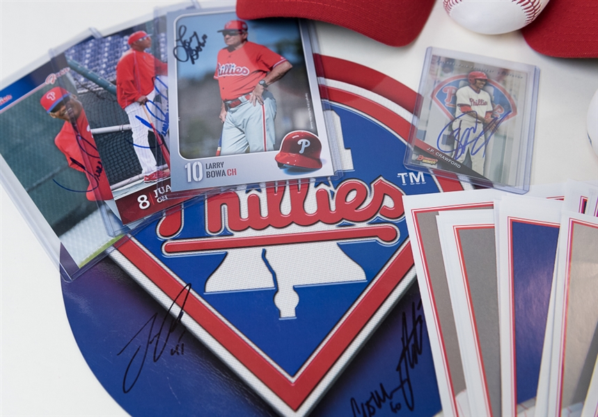 HUGE Lot of Phillies Autographs (3 Hats, 1 Card, 3 Basballs, 1 Magnet, 1 Magazine, 3 Postcard 4x6 Cards, 17 Magazine Photos) and Magazines.  Autographs include JP Crawford, Aaron Altherr, Jerad...