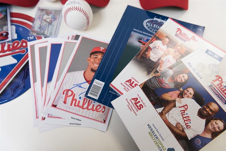 HUGE Lot of Phillies Autographs (3 Hats, 1 Card, 3 Basballs, 1 Magnet, 1 Magazine, 3 Postcard 4x6 Cards, 17 Magazine Photos) and Magazines.  Autographs include JP Crawford, Aaron Altherr, Jerad...
