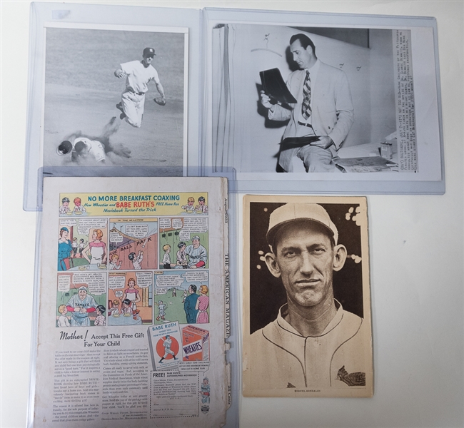 Vintage Baseball Lot w/ 1933 Babe Ruth Wheaties Advertisement, Hank Greenberg and Hank Aaron Wire Photos, and 1931 Metropolitan Studio 6x9 Photo Board w/ Stand 