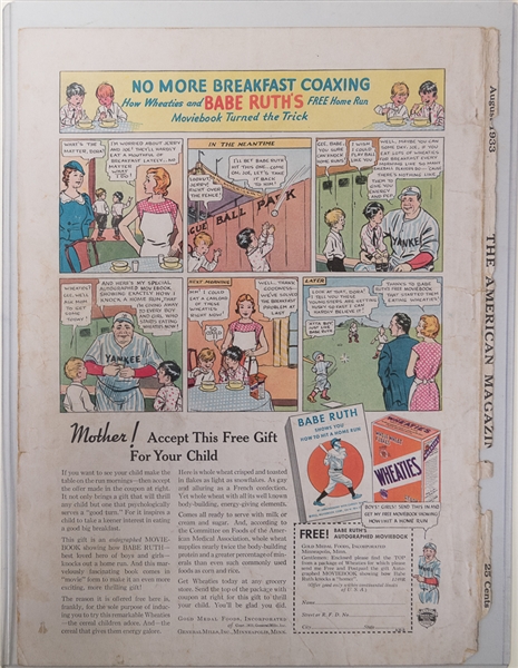 Vintage Baseball Lot w/ 1933 Babe Ruth Wheaties Advertisement, Hank Greenberg and Hank Aaron Wire Photos, and 1931 Metropolitan Studio 6x9 Photo Board w/ Stand 