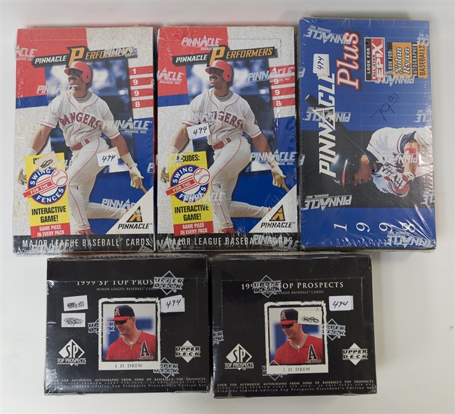 Lot of (5) Unopened/Sealed 1998-1999 Baseball Boxes inc. (2) 1999 UD SP Top Prospect Boxes, (2) 1998 Pinnacle Performer Boxes, and (1) 1998 Pinnacle Plus Box