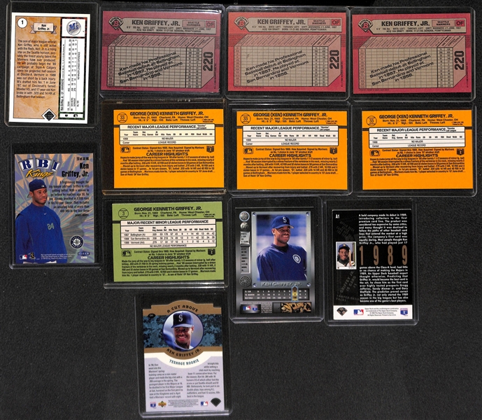 Lot of over 60 Ken Griffey Cards w/ (8) Rookies (1 Upper Deck, 3 Bowman, 3 Donruss, and 1 Donruss Rookies)