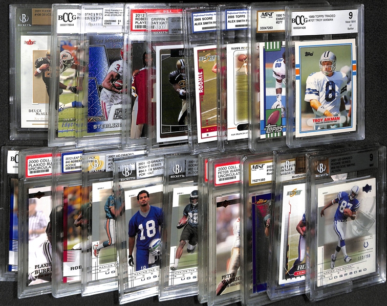 Lot of (20) Football Graded Cards w/ Emmitt Smith, Troy Aikman, Alex Smith, R. Bush, E. James, RG3, S. Shephard Rookies