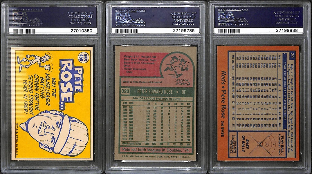 Lot of (3) High Grade 1970s Pete Rose Cards, 1970 Topps AS #458 PSA 7, 1975 Topps #320 PSA 8, and 1978 Topps #20 PSA 9