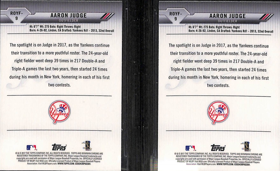 Aaron Judge Rookie BGS Gem Mint 9.5 Lot of (3) Inc. 2013 Bowman Draft Picks and (2) 2017 Bowman Chrome ROY Refractors