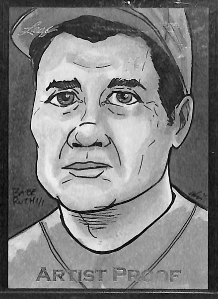Hand-Drawn Lot of (2) Leaf 1/1 Artist Proof Original Sketch Cards of Babe Ruth and Mel Ott
